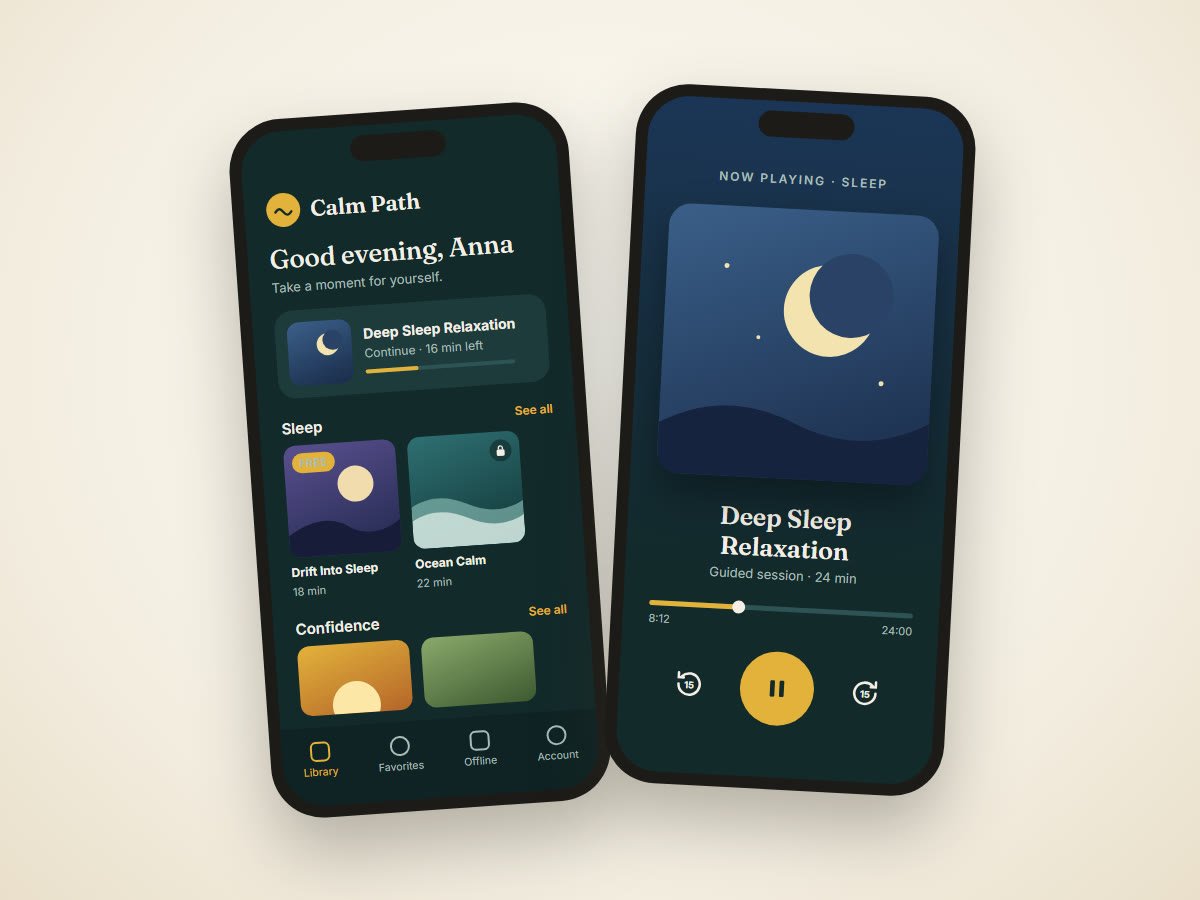 Sample branded meditation App on two phones: the library screen and the player