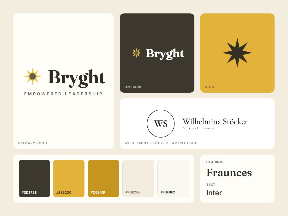 Brand board with the Bryght logo versions, brand colors and fonts, and the Wilhelmina Stöcker artist logo